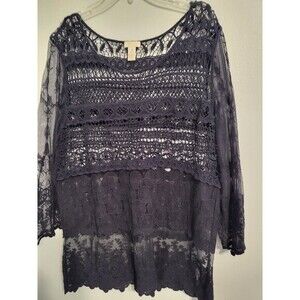 Chico's Blue Long Sleeve Crochet Bodice Sheer Sleeves Top  Blouse Size 1 Medium‎